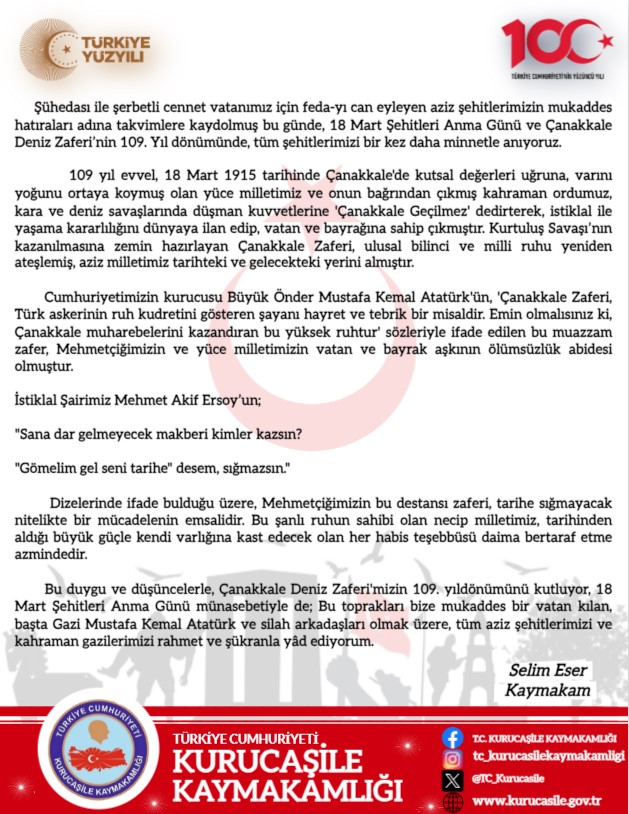 Kaymakamımız Sn. Selim Eser’in "18 Mart Şehitleri Anma Günü ve Çanakkale Zaferi’nin 109. Yıl Dönümü" Mesajı;